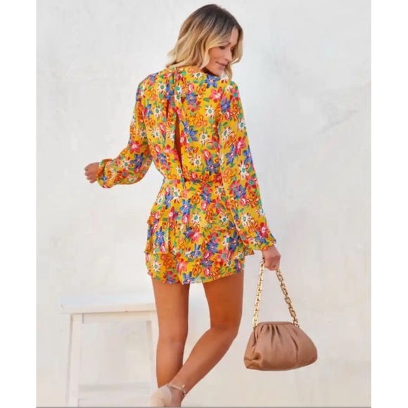 Endless Rose Multicolor Floral Long Sleeve Tie Back Ruffle Romper - Picture 2 of 8